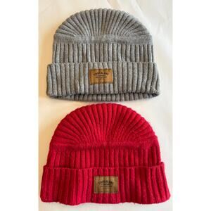 (2) Mens Timberland Ribbed Beanie Hats Red & Gray ONE SIZE